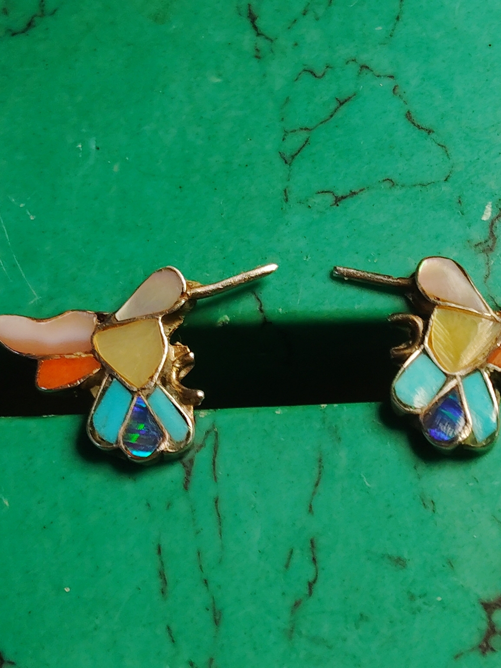 DETAILED HUMMINGBIRD INLAY STUD EARRINGS. TURQUOISE, M.O.P. AND CORAL STERLING.